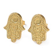 Ion Plating(IP) 304 Stainless Steel Stud Earrings Findings, Flat Round Tray Settings, Hamsa Hand/Hand of Miriam, Real 18K Gold Plated, Tray: 3mm, 18x13.5mm, Pin: 0.7mm(STAS-M323-13G)