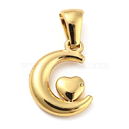 304 Stainless Steel Pendants, Moon with Heart Charm, Golden, 15x12x2.5mm, Hole: 5x3mm(STAS-E201-10G)
