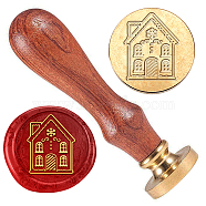 Christmas Golden Tone Brass Wax Seal Stamp Head with Wooden Handle, for Envelopes Invitations, Gift Card, House, 83x22mm, Stamps: 25x14.5mm(AJEW-WH0208-821)