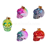5Pcs 5 Color Electroplate K9 Glass Pendants, with Golden Plated Brass Bails, Skull, Halloween, Mixed Color, 25x26~27x19mm, Hole: 5x3mm, 1pc/color(EGLA-SZ0001-33)