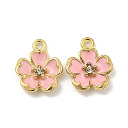 Alloy Enamel Pendants, with Rhinestone, Golden, Flower Charm, Pink, 16x12.5x3mm, Hole: 1.8mm(ENAM-D063-01G-04)