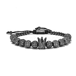 Vintage Brass Micro Pave Cubic Zirconia Crown & Round Braided Bead Adjustable Bracelets, Gunmetal(EO2719-3)