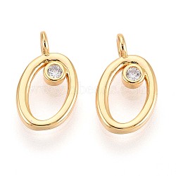 Brass Micro Pave Cubic Zirconia Charms, Long-Lasting Plated, Nickel Free, Real 18K Gold Plated, Letter, Letter O, 13x7.5x3.5mm, Hole: 1.5~1.8mm(KK-N263-97G-O)