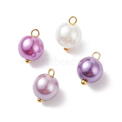 Glass Pearl Pendants, with Golden Plated Brass Findings, Round, Medium Orchid, 11x8.5mm, Hole: 2mm(PALLOY-JF01880-02)