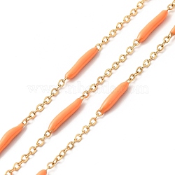 Enamel Column Link Chains, with Ion Plating(IP) Golden 304 Stainless Steel Cable Chains, Unwelded, with Spool, Orange, 14~17x2~3mm and 1.5x2x0.5mm, about 32.81 Feet(10m)/Roll(STAS-P301-03G-06)