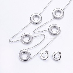 304 Stainless Steel Jewelry Sets, Necklaces and Stud Earrings, with Hollow, Flat Round, Stainless Steel Color, 31.89 inch(81cm), 18x2mm, Pin: 0.8mm(SJEW-H129-04P)