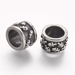 304 Stainless Steel Beads, Column with Skull, Large Hole Beads, Antique Silver, 13x8.5mm, Hole: 8.5mm(STAS-A032-083AS)
