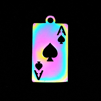 304 Stainless Steel Pendants, Laser Cut, Playing Card A, Rainbow Color, 19x10x1mm, Hole: 1.5mm