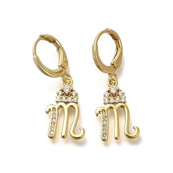 Brass Clear Cubic Zirconia Hoop Earrings, Real 18K Gold Plated, Letter M, 30.5mm, pendants: 17x11x2mm