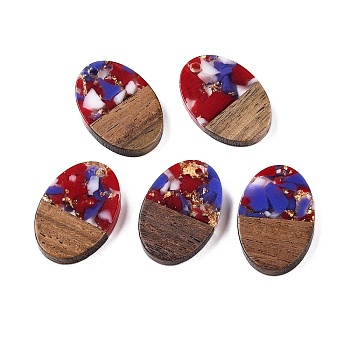 Transparent Resin and Walnut Wood Pendants, Oval Charms with Gold Foil, Brown, 23x15.5x3.5mm, Hole: 2mm