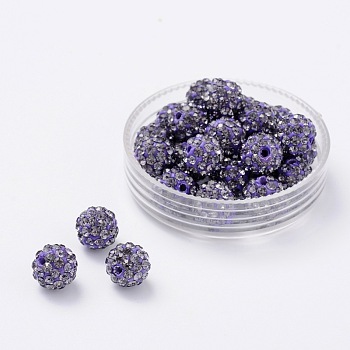 Pave Disco Ball Beads, Polymer Clay Rhinestone Beads, Grade A, Round, Tanzanite, PP14(2~2.1mm), 10mm, Hole: 1.0~1.2mm