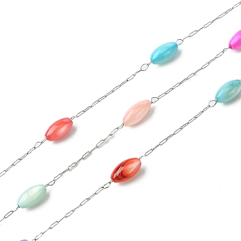 Natural Shell Pearl Beads,Dyed with 304 Stainless Steel Chains, Soldered, with Spool, Mixed Color, 7.5x3mm