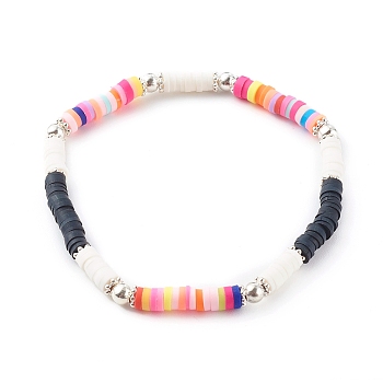 Handmade Polymer Clay Heishi Beaded Stretch Bracelets, with Brass Beads, Platinum, Colorful, Inner Diameter: 2-1/8 inch(5.5cm)