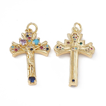 Brass Colorful Cubic Zirconia Pendants, with Jump Ring, Cross Charms, Real 18K Gold Plated, 30x18x3.5mm, Hole: 3mm