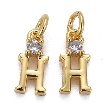Brass Micro Pave Clear Cubic Zirconia Pendants, with Jump Rings, Real 18K Gold Plated, Long-Lasting Plated, Letter, Letter.H, 9.5x4x2mm