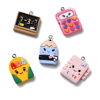 Opaque Resin Pendants, with Platinum Tone Iron Loops, Study Supplies, Notebook & Blackboard & Pencil & Pen Bag & Calculator, Mixed Color, 23.5~28x17~23x6~9.5mm, Hole: 2mm