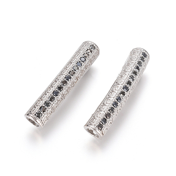 Brass Micro Pave Cubic Zirconia Beads, Long-Lasting Plated, Tube Beads, Black, Platinum, 30x6mm, Hole: 3.5mm