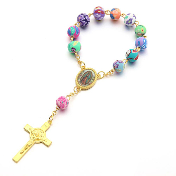 Rosary Bracelet for Easter, Alloy Crucifix Cross Charm Bracelet with Polymer Clay Beaded Chains for Women, Golden, 5-1/2 inch(14cm)