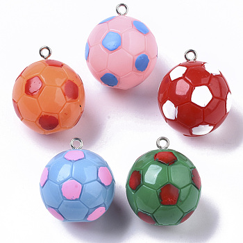 Resin Pendants, Sports Charms, with Platinum Tone Iron Loop, Football, Mixed Color, 31~32.5x28.5mm, Hole: 2.2mm