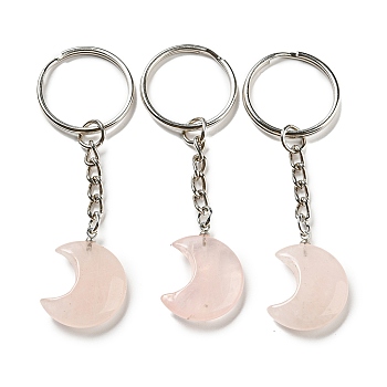 Reiki Natural Rose Quartz Moon Pendant Keychains, with Iron Keychain Rings, 7.8cm