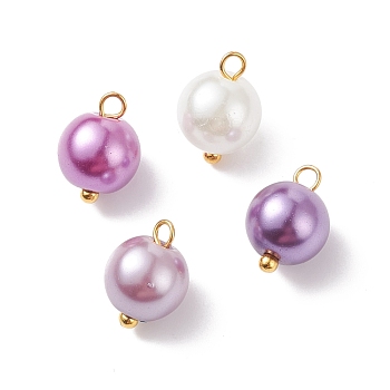 Glass Pearl Pendants, with Golden Plated Brass Findings, Round, Medium Orchid, 11x8.5mm, Hole: 2mm