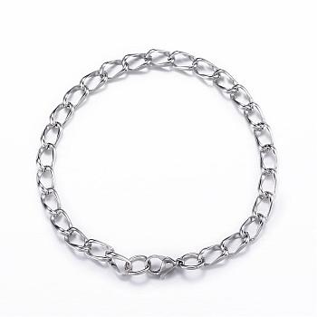 Tarnish Resistant 304 Stainless Steel Curb Chain Bracelets, with Lobster Claw Clasps, Stainless Steel Color, 8-1/4 inch(210mm), 7mm