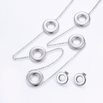 304 Stainless Steel Jewelry Sets, Necklaces and Stud Earrings, with Hollow, Flat Round, Stainless Steel Color, 31.89 inch(81cm), 18x2mm, Pin: 0.8mm
