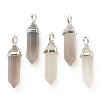 Natural Grey Agate Pendants, with Platinum Tone Brass Findings, Bullet, 39.5x12x11.5mm, Hole: 4.5x2.8mm