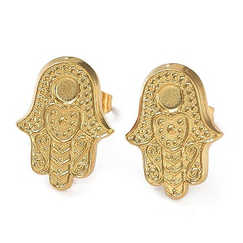 Ion Plating(IP) 304 Stainless Steel Stud Earrings Findings, Flat Round Tray Settings, Hamsa Hand/Hand of Miriam, Real 18K Gold Plated, Tray: 3mm, 18x13.5mm, Pin: 0.7mm