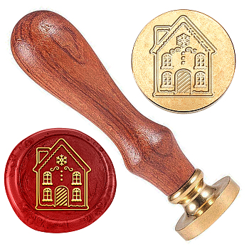 Christmas Golden Tone Brass Wax Seal Stamp Head with Wooden Handle, for Envelopes Invitations, Gift Card, House, 83x22mm, Stamps: 25x14.5mm