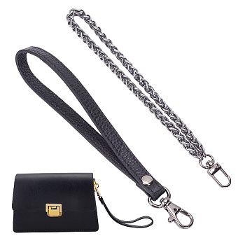 WADORN 2Pcs 2 Style Wristlet Bag Straps, Cowhide & Iron Wheat Chain Clutch Bag Straps Sets, with Stainless Steel Swivel Clasp, Gunmetal, 205~210mm, 1pc/style