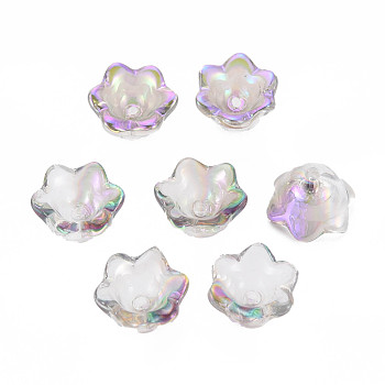 Electroplate Transparent Glass Bead Caps, 6-Petal, Half Plated, Flower, Violet, 11.5x10.5x8.5mm, Hole: 1mm
