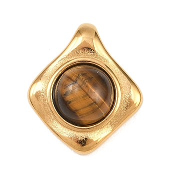 Natural Tiger Eye Pendants, Rhombus Charms, with 304 Stainless Steel Settings, Ion Plating(IP), Golden, 22x19x8mm, Hole: 5x3.5mm