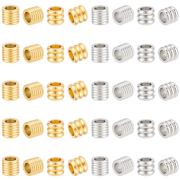40Pcs 4 Style 201 Stainless Steel European Beads, Large Hole Beads, Grooved Beads, Column, Golden & Stainless Steel Color, 6x7mm, Hole: 4.2mm, 10pcs/style