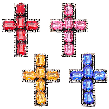 4Pcs 4 Colors Rhinestone Sew on Ornament Accessories, Cross, Mixed Color, 110x78x10mm, 1pc/color