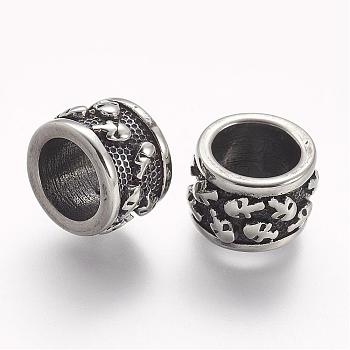 304 Stainless Steel Beads, Column with Skull, Large Hole Beads, Antique Silver, 13x8.5mm, Hole: 8.5mm