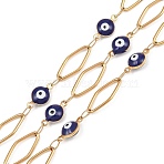 304 Stainless Steel Enamel Evil Eye & Rhombus Link Chains, Ion Plating(IP), Soldered, with Spool, Real 18K Gold Plated, Dark Blue, 15x6.5x1mm(CHS-K021-13G-01)