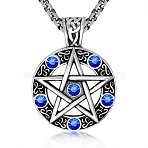 Star Stainless Steel Rhinestone Pendant Necklaces for Men, Sapphire, 23.62 inch(60cm)(PW-WG30879-02)
