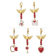 Valentine's Day Alloy Enamel Pendant Decoraton, Natural Red Agate Bead & Lobster Claw Clasps Charms, for Backpack Keychain Ornaments, Red, 49~52mm, 5pcs/set(HJEW-JM02028-02)