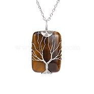 Natural Tiger Eye Pendant Necklace with Brass Cable Chains, Rectangle with Tree, 20.47 inch(52cm)(PW23042506786)