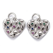 Brass Micro Pave Colorful Cubic Zirconia Charms, Long-Lasting Plated, Heart, Platinum, 12x12x2mm, Hole: 3mm(KK-P192-06P)