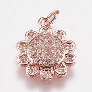 Brass Micro Pave Cubic Zirconia Charms, Flower, Rose Gold, 14x11.5x3mm, Hole: 2mm(X-ZIRC-E147-34RG)