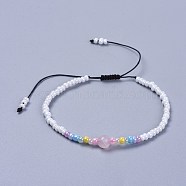 Adjustable Nylon Thread Kid Braided Beads Bracelets, with Natural Rose Quartz Round Beads and Glass Seed Beads, 1-7/8 inch(4.9cm)(BJEW-JB04371-01)