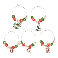 Christmas Theme Alloy Enamel Wine Glass Charms, with 316 Surgical Stainless Steel Hoop Earring Findings and Glass Seed Bead, Mixed Shapes, 62~74mm, 5pcs/set(AJEW-JO00190)