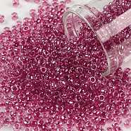 TOHO Round Seed Beads, Japanese Seed Beads, (350) Inside Color Crystal/Fuchsia Lined, 8/0, 3mm, Hole: 1mm, about 222pcs/bottle, 10g/bottle(SEED-JPTR08-0350)