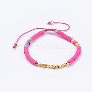 Adjustable Braided Bead Bracelets, with Handmade Polymer Clay Heishi Beads and Brass Beads, Camellia, 2-3/8 inch~3-5/8 inch(6~9.2cm)(BJEW-JB05098-03)