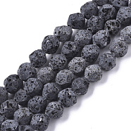 Natural Lava Rock Beads Strands, Round, Bumpy, Faceted, Black, 6x6mm, Hole: 1mm, about 64pcs/Strand, 15.16 inch(38.5cm)(G-S352-28A-01)
