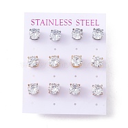 6 Pairs Cubic Zirconia Flat Round Stud Earrings, 304 Stainless Steel Jewelry for Women, Mixed Color, Clear, 8mm, Pin: 0.7mm(EJEW-G291-05D-M)