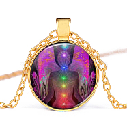 Chakra Theme Yoga Human Glass Pendant Necklace, Alloy Jewelry for Women, Golden, 15.75 inch~19.72 inch(40~50.1cm)(CHAK-PW0001-023C)
