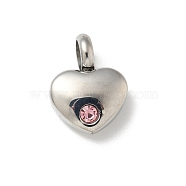 304 Stainless Steel Rhinestone Pendants, Heart, Stainless Steel Color, Light Rose, 16.5x12.5x6mm, Hole: 5mm(STAS-R139-01P-04)